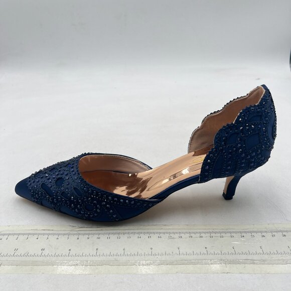 XYD Navy Pointed Toe D'Orsay Kitten Heel Rhinestone Studs Slip-On Satin Shoes - Picture 8 of 14
